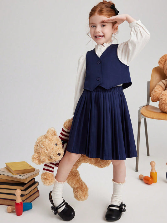 Young Girls Collegiate Navy Knitted Vest And Pleated Mini Skirt Set, Autumn/Winter
