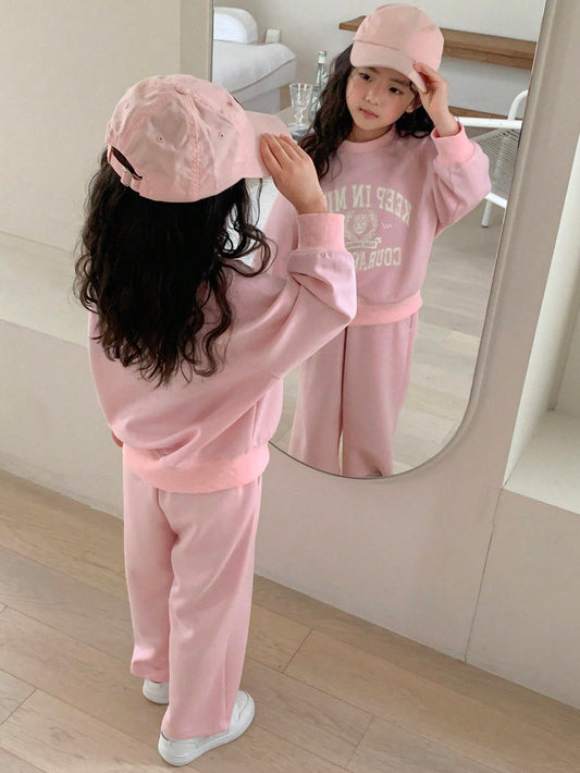 2pcs/Set Young Girl Casual Letter Print Sweatshirt & Sweatpants Set, Autumn