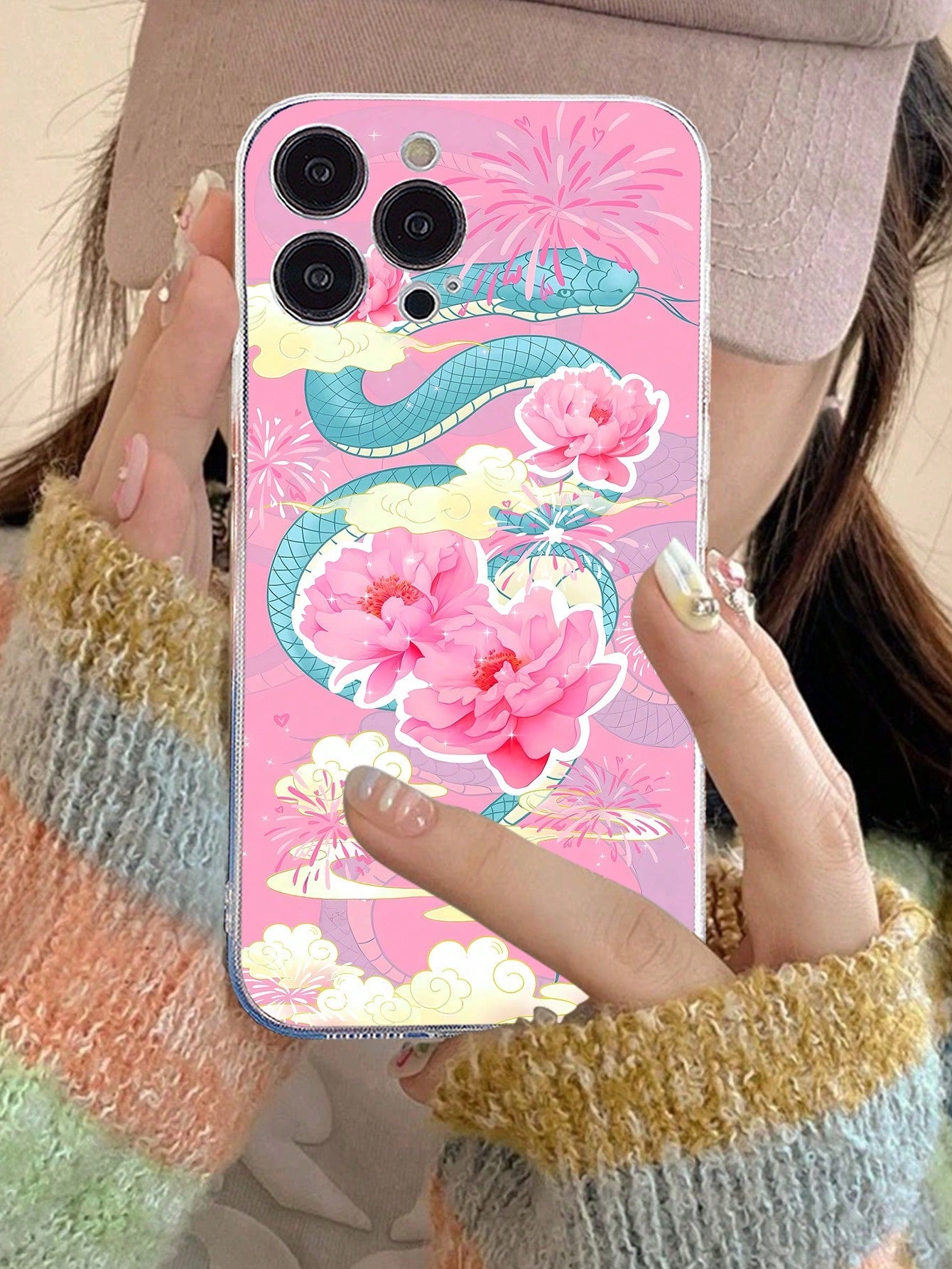 1pc New Year Snake & Flower Painting Soft Anti-Drop Transparent Phone Case - Shock Proof Protective Cover Compatible With Iphone Series