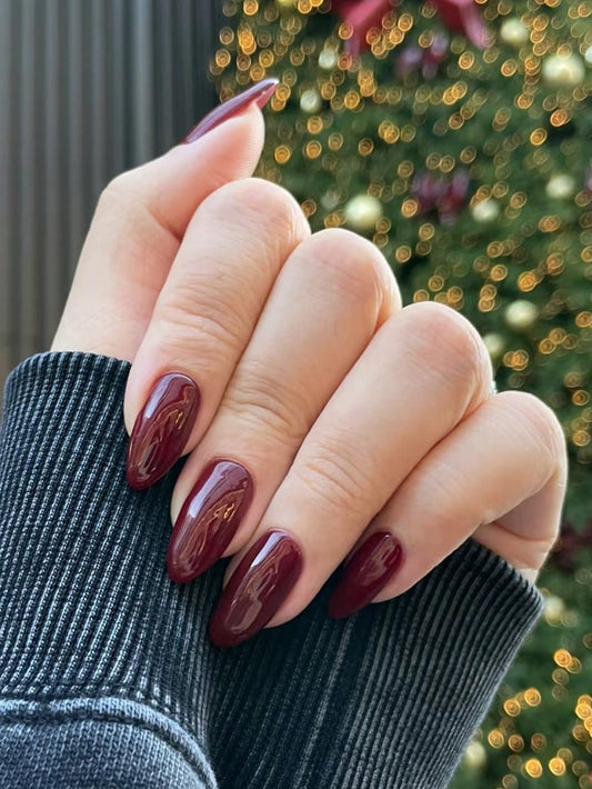 24pcs Almond-Shaped Long Press-On Nails Set, Solid Elegant Burgundy Full Coverage False Nail Kit, Comes With 1pc Jelly Gel And 1pc Nail File