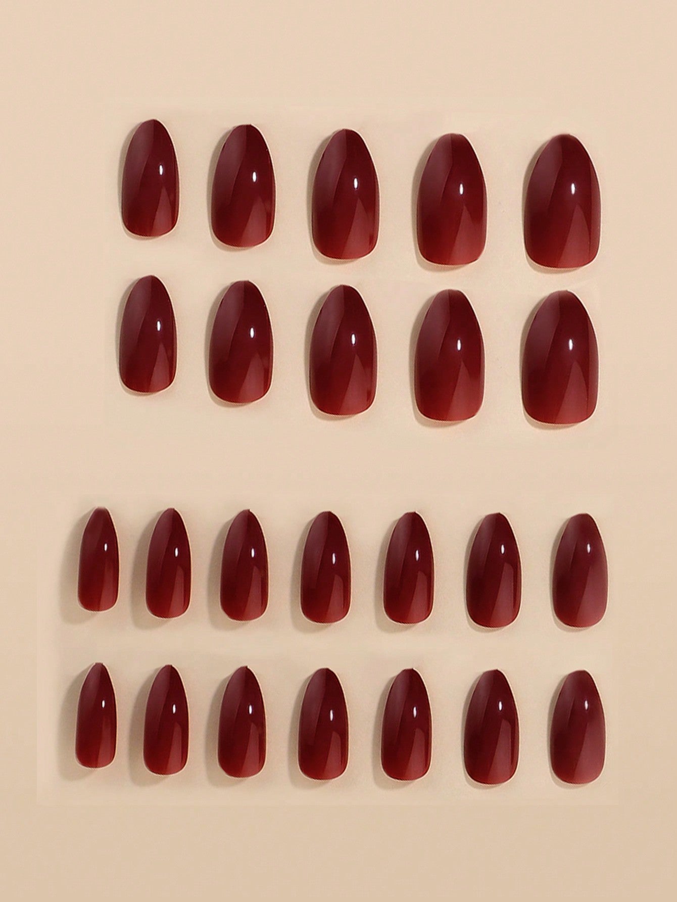 24pcs Almond-Shaped Long Press-On Nails Set, Solid Elegant Burgundy Full Coverage False Nail Kit, Comes With 1pc Jelly Gel And 1pc Nail File