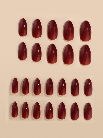 24pcs Almond-Shaped Long Press-On Nails Set, Solid Elegant Burgundy Full Coverage False Nail Kit, Comes With 1pc Jelly Gel And 1pc Nail File