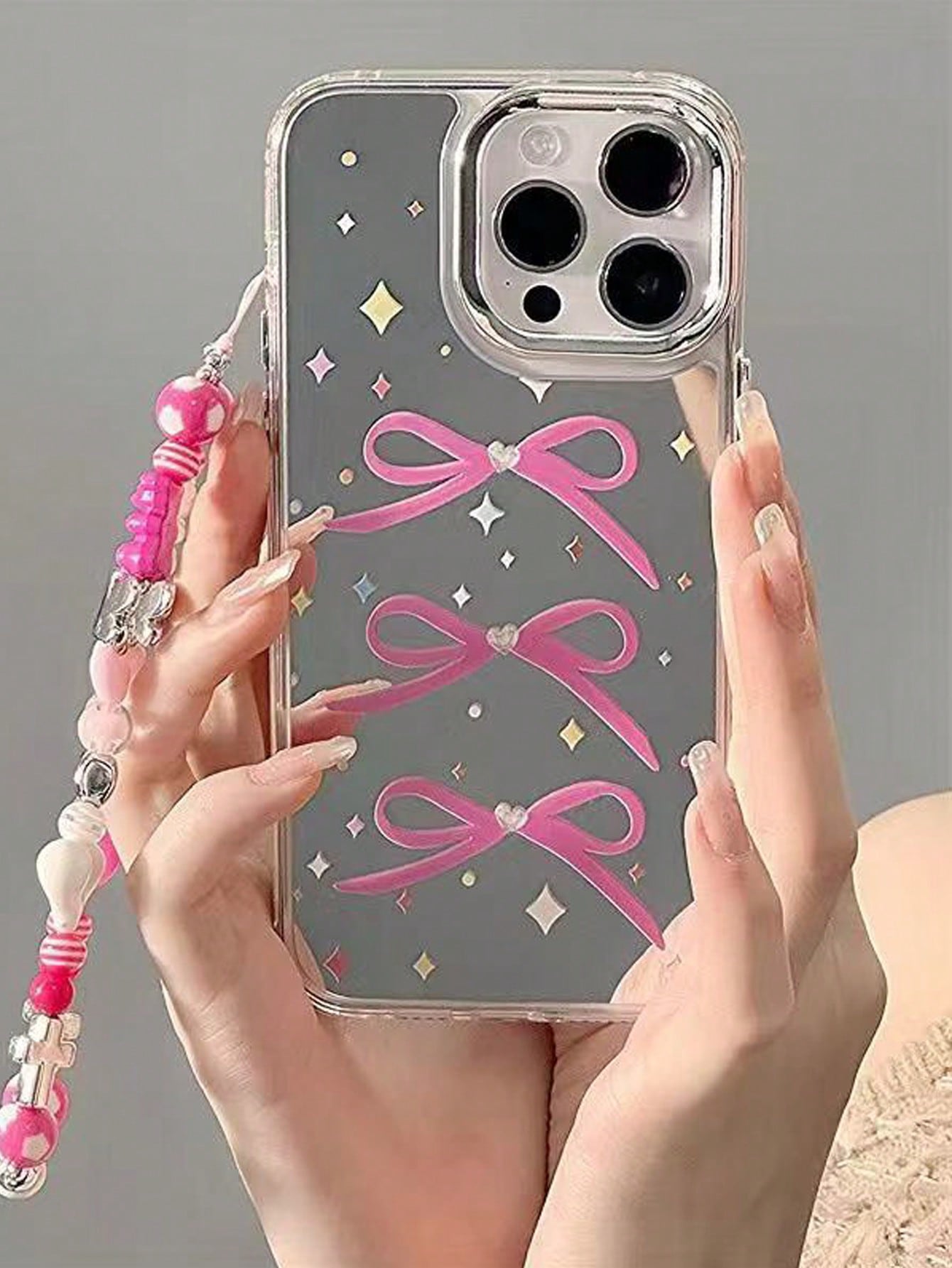 1pc Premium Shiny Colorful Bowknot Pattern Shockproof Phone Case, TPU Silicone Protective Cover With Integrated Mirror, High-End Anti-Drop Soft Protective Shell