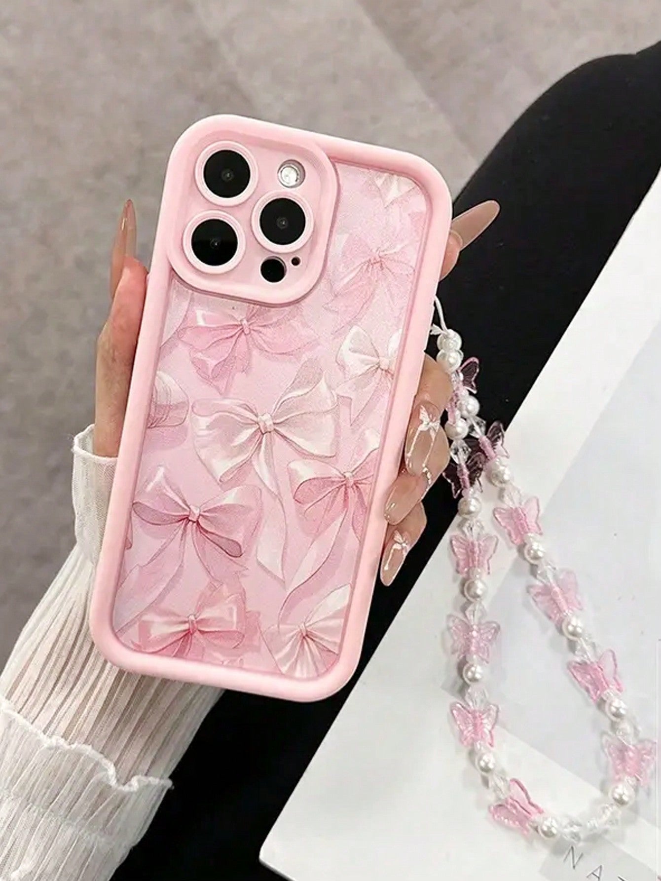 1pc Pink Bow Pattern Phone Case With Beaded Chain, Fit Compatible Christmas Gift