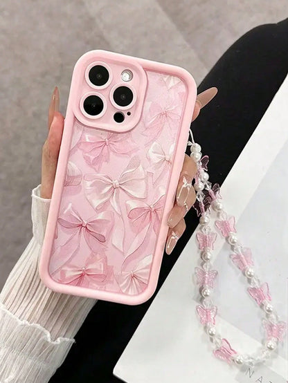 1pc Pink Bow Pattern Phone Case With Beaded Chain, Fit Compatible Christmas Gift