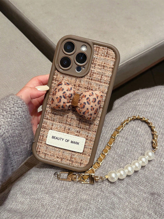 1pc Perforated Camera Lens Phone Case With 3D Leopard Print Bow Pattern + Brown Leather & Pearl Beaded Bracelet Phone Case Fit