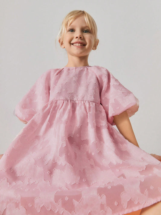 Young Girl Oversized Vintage Lantern Sleeve Dress, With Textured Embroidery,