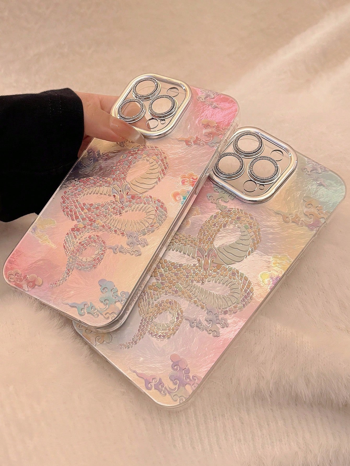 1pc Silver Snake Year Pink Auspicious Cloud & Lens Film Retro Chic New Year Couples Mobile Phone Case Hard Shell Compatible