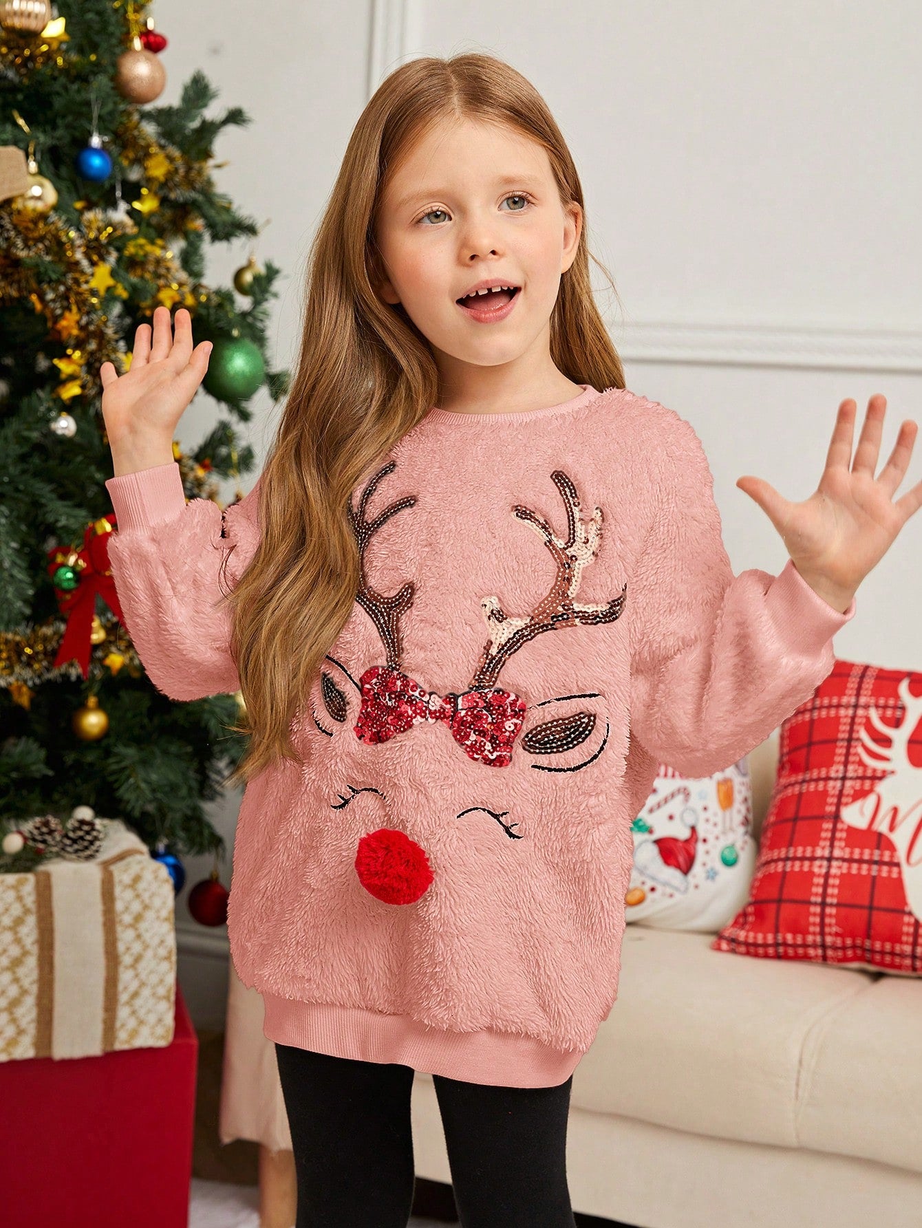 Young Girl Knitted Solid Color Fluffy Deer Graphic Loose Fit Crew Neck Casual Sweatshirt