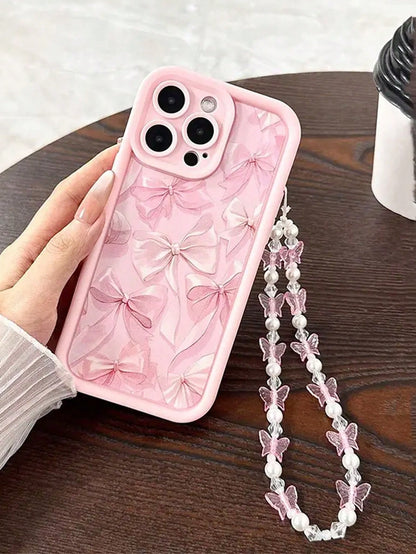 1pc Pink Bow Pattern Phone Case With Beaded Chain, Fit Compatible Christmas Gift