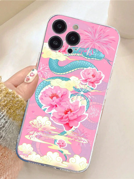 1pc New Year Snake & Flower Painting Soft Anti-Drop Transparent Phone Case - Shock Proof Protective Cover Compatible With Iphone Series