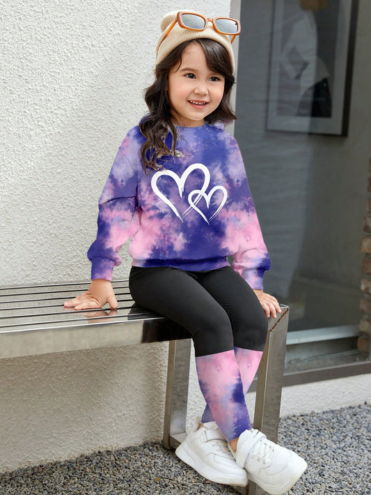 2pcs/Set Girl Printed Sweatshirt And Leggings Set, Casual Outfit Suitable For Autumn/Winter