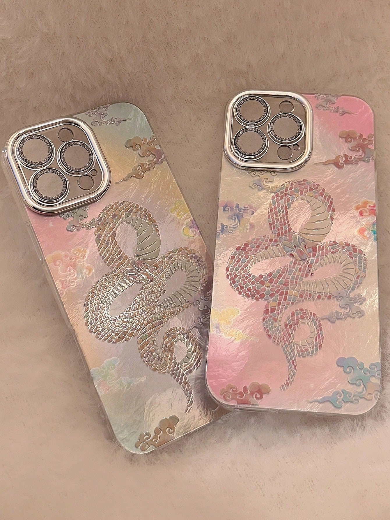 1pc Silver Snake Year Pink Auspicious Cloud & Lens Film Retro Chic New Year Couples Mobile Phone Case Hard Shell Compatible