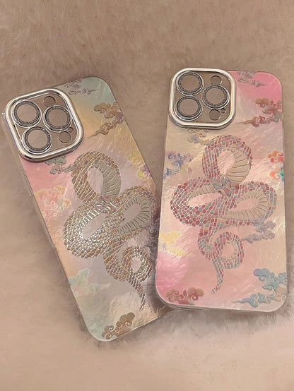 1pc Silver Snake Year Pink Auspicious Cloud & Lens Film Retro Chic New Year Couples Mobile Phone Case Hard Shell Compatible
