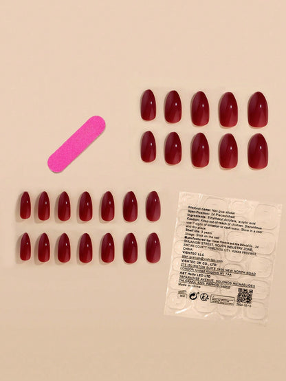 24pcs Almond-Shaped Long Press-On Nails Set, Solid Elegant Burgundy Full Coverage False Nail Kit, Comes With 1pc Jelly Gel And 1pc Nail File