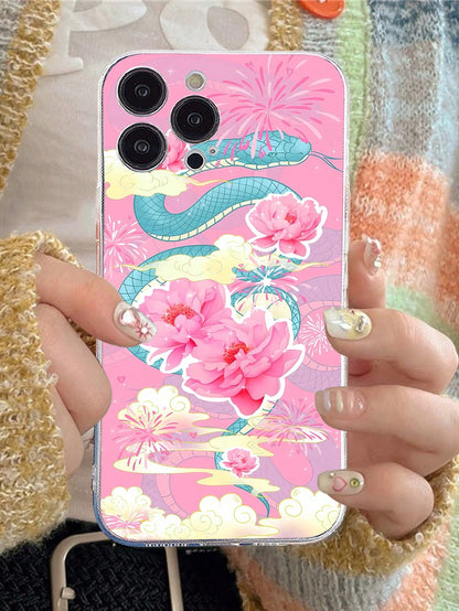 1pc New Year Snake & Flower Painting Soft Anti-Drop Transparent Phone Case - Shock Proof Protective Cover Compatible With Iphone Series