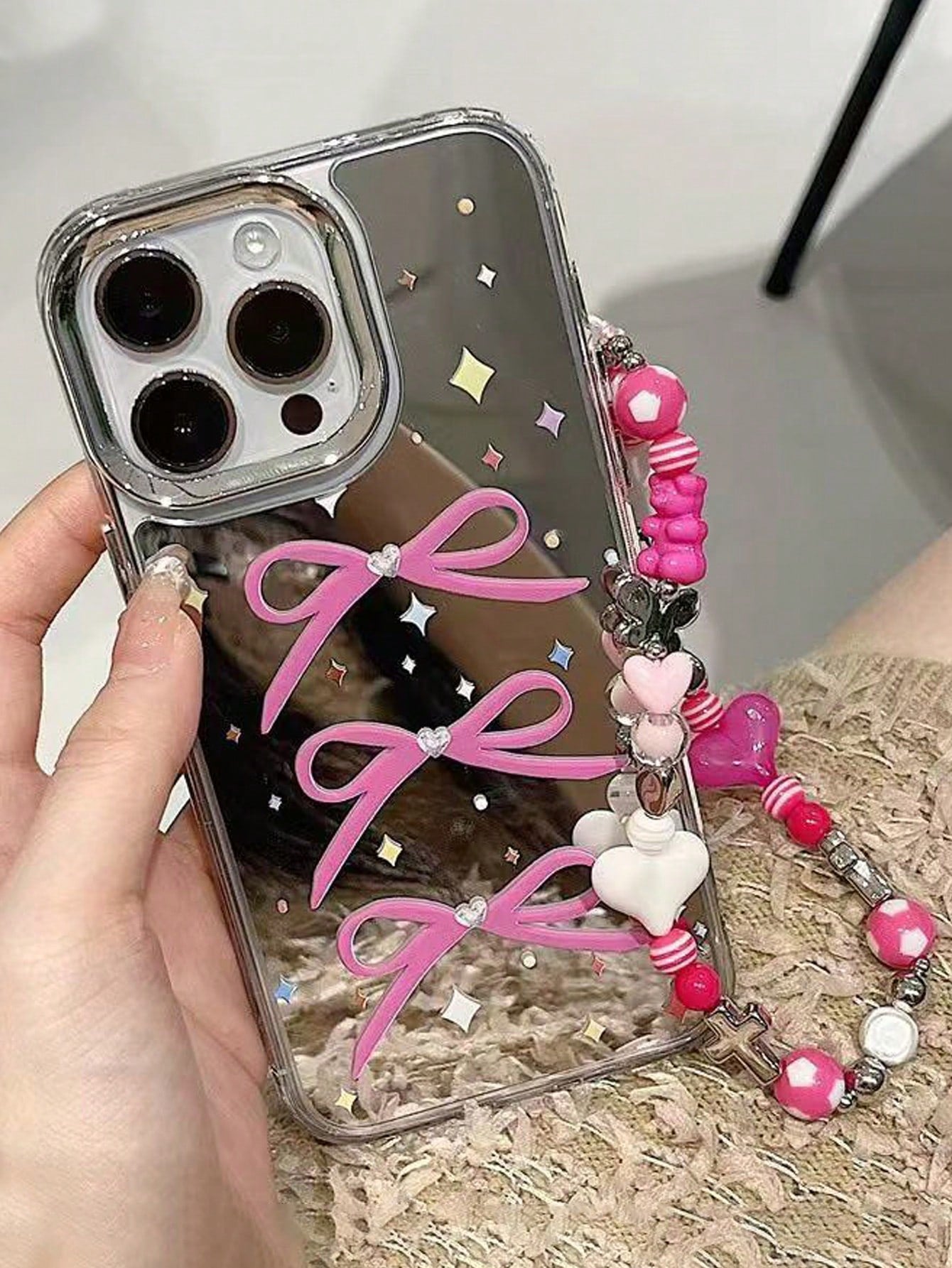 1pc Premium Shiny Colorful Bowknot Pattern Shockproof Phone Case, TPU Silicone Protective Cover With Integrated Mirror, High-End Anti-Drop Soft Protective Shell