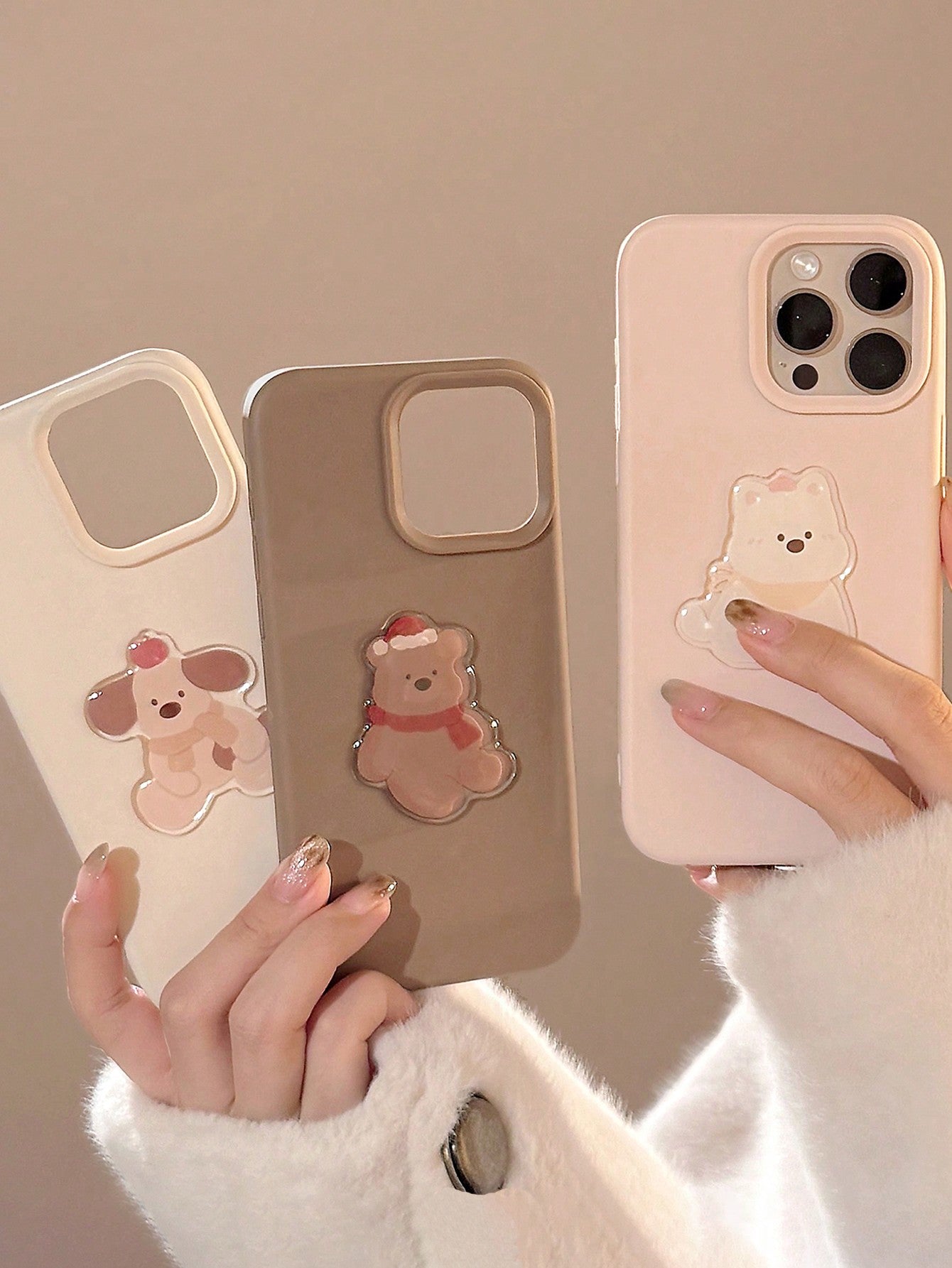 1pc Boba Tea Brown Plush Bear 3D Sticker, Cute 3D Animal Niche Cartoon Full Coverage Soft Phone Case Compatible