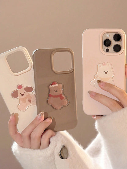 1pc Boba Tea Brown Plush Bear 3D Sticker, Cute 3D Animal Niche Cartoon Full Coverage Soft Phone Case Compatible
