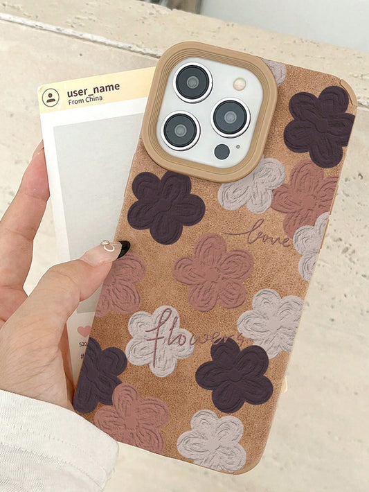 1pc Brown Large Perforation Faux Leather Phone Case