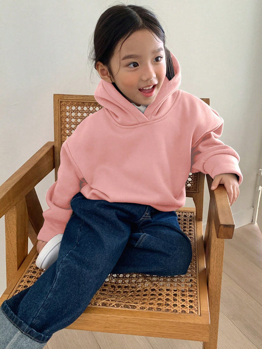 Young Girl Solid Color Long Sleeve Hoodie, Casual For Daily Wear