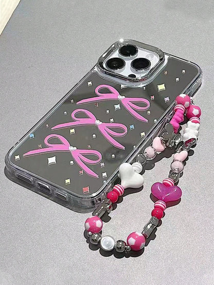 1pc Premium Shiny Colorful Bowknot Pattern Shockproof Phone Case, TPU Silicone Protective Cover With Integrated Mirror, High-End Anti-Drop Soft Protective Shell