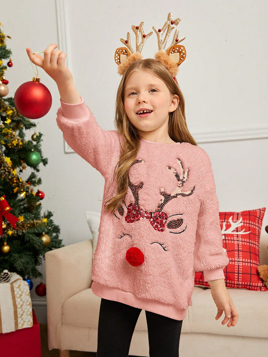 Young Girl Knitted Solid Color Fluffy Deer Graphic Loose Fit Crew Neck Casual Sweatshirt