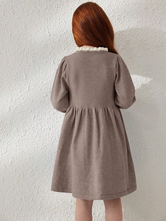 Young Girl Ruffle Trim Crew Neck Long Sleeve Loose Cute Sweater Dress