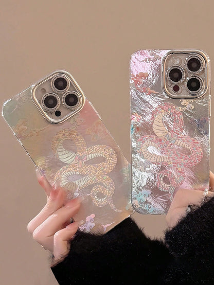 1pc Silver Snake Year Pink Auspicious Cloud & Lens Film Retro Chic New Year Couples Mobile Phone Case Hard Shell Compatible
