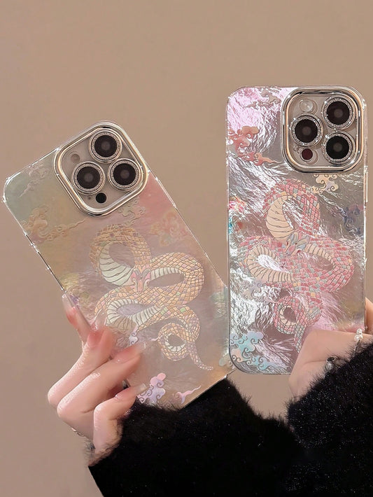 1pc Silver Snake Year Pink Auspicious Cloud & Lens Film Retro Chic New Year Couples Mobile Phone Case Hard Shell Compatible