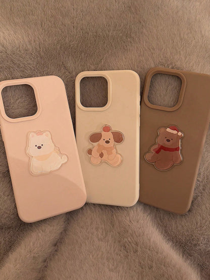 1pc Boba Tea Brown Plush Bear 3D Sticker, Cute 3D Animal Niche Cartoon Full Coverage Soft Phone Case Compatible