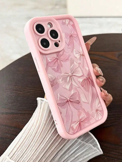 1pc Pink Bow Pattern Phone Case With Beaded Chain, Fit Compatible Christmas Gift