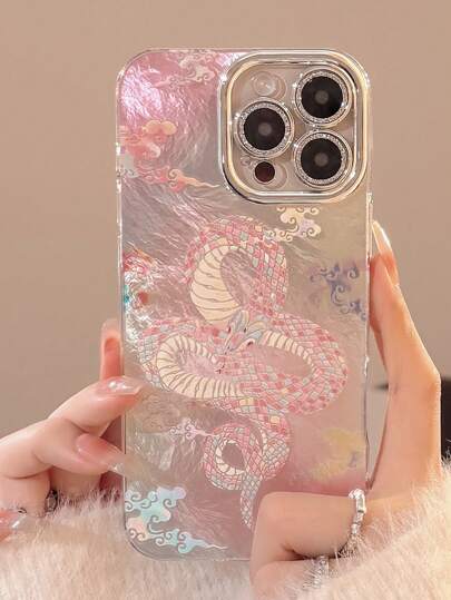 1pc Silver Snake Year Pink Auspicious Cloud & Lens Film Retro Chic New Year Couples Mobile Phone Case Hard Shell Compatible
