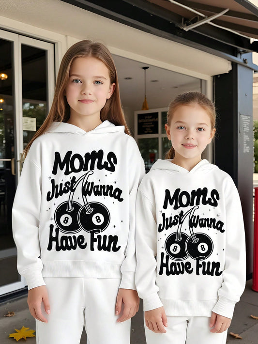 Girls Casual Hoodie Long Sleeve, Stylish English Letter & Black White Cherry Numbers Print Pullover