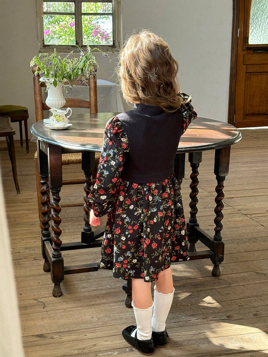 Young Girl Knitted Solid Mock Neck Patchwork Chiffon Floral Puff Sleeve Dress
