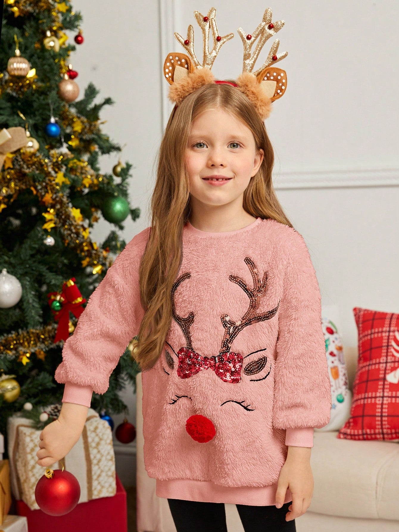 Young Girl Knitted Solid Color Fluffy Deer Graphic Loose Fit Crew Neck Casual Sweatshirt