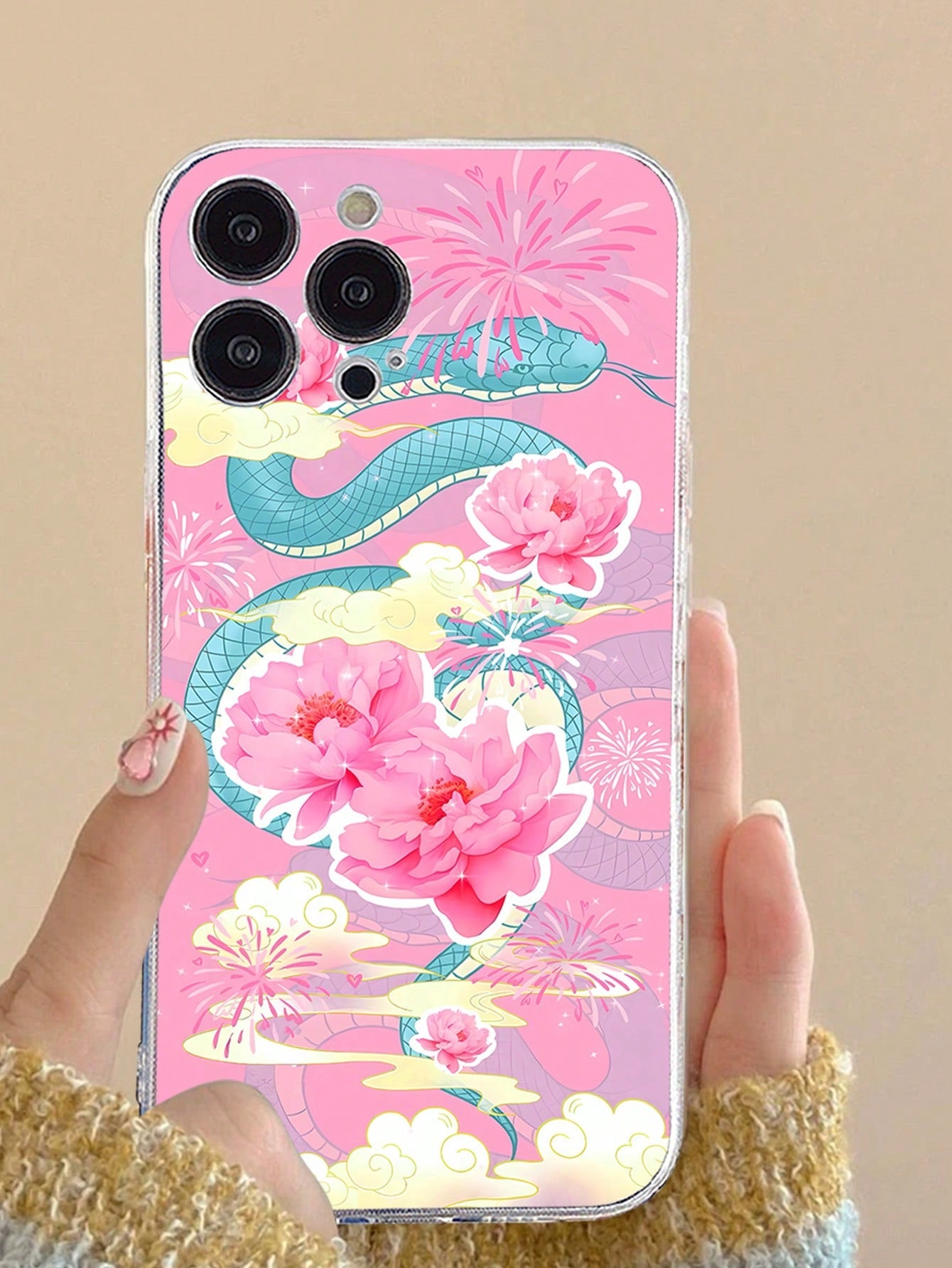 1pc New Year Snake & Flower Painting Soft Anti-Drop Transparent Phone Case - Shock Proof Protective Cover Compatible With Iphone Series