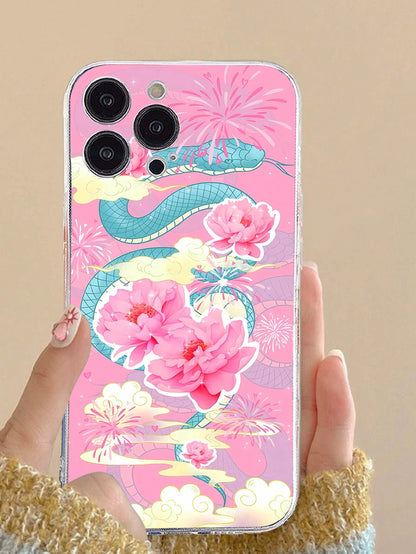 1pc New Year Snake & Flower Painting Soft Anti-Drop Transparent Phone Case - Shock Proof Protective Cover Compatible With Iphone Series