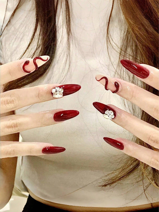 24pcs Almond Short Stiletto False Nails, 3D Nail Art Manicure Set With Rhinestones For New Year Party, Burgundy Snake Design, Full Cover Removable Nail Tips For Women