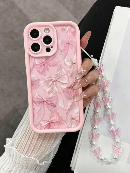 1pc Pink Bow Pattern Phone Case With Beaded Chain, Fit Compatible Christmas Gift
