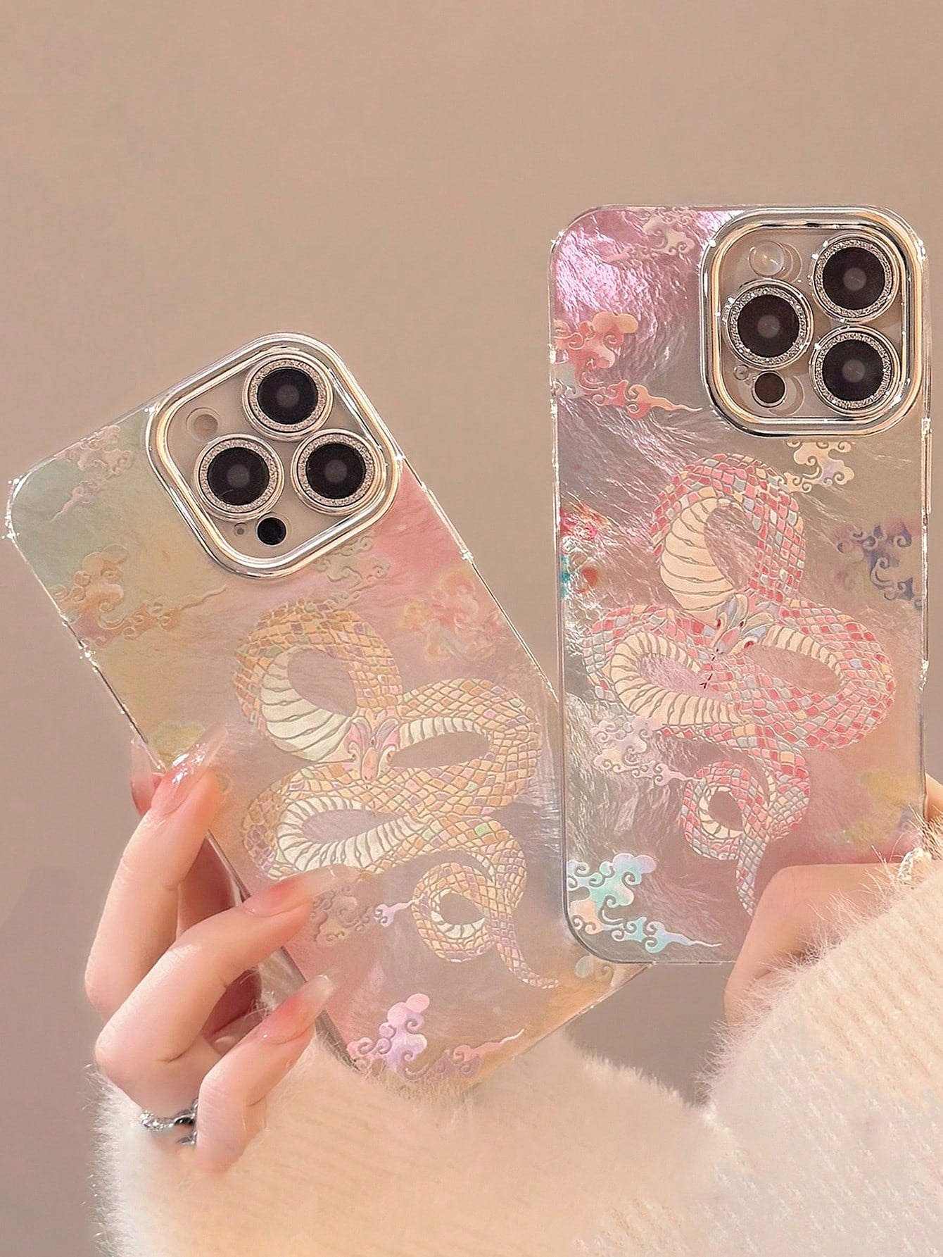 1pc Silver Snake Year Pink Auspicious Cloud & Lens Film Retro Chic New Year Couples Mobile Phone Case Hard Shell Compatible