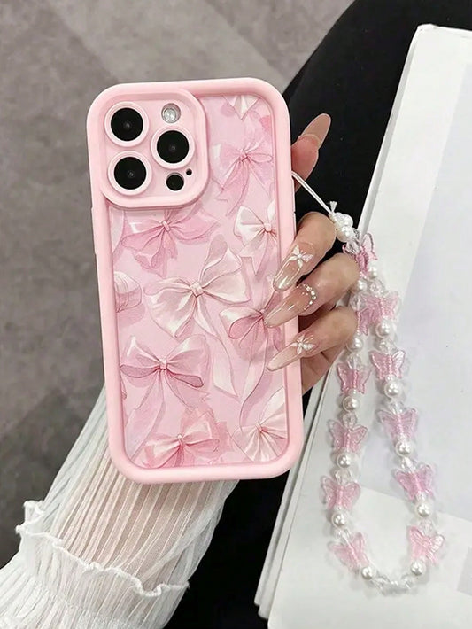 1pc Pink Bow Pattern Phone Case With Beaded Chain, Fit Compatible Christmas Gift