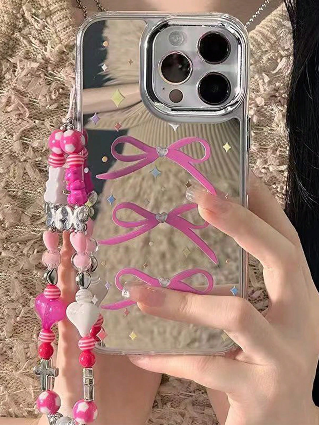 1pc Premium Shiny Colorful Bowknot Pattern Shockproof Phone Case, TPU Silicone Protective Cover With Integrated Mirror, High-End Anti-Drop Soft Protective Shell