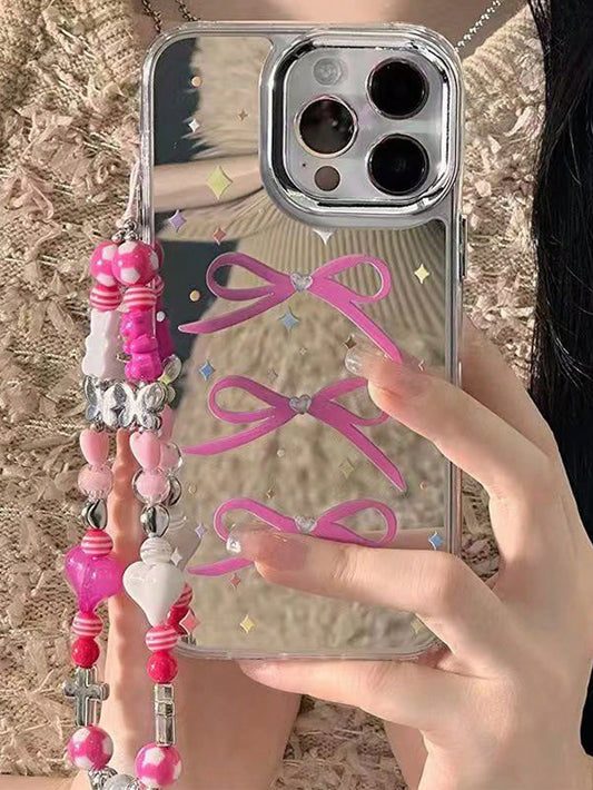 1pc Premium Shiny Colorful Bowknot Pattern Shockproof Phone Case, TPU Silicone Protective Cover With Integrated Mirror, High-End Anti-Drop Soft Protective Shell