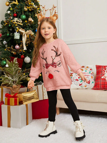 Young Girl Knitted Solid Color Fluffy Deer Graphic Loose Fit Crew Neck Casual Sweatshirt